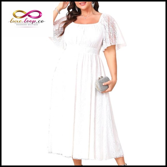 Dresses & Skirts - Plus Size Lace Formal Maxi Dress Square Neck Short Sleeve A-Line Wedding Guest